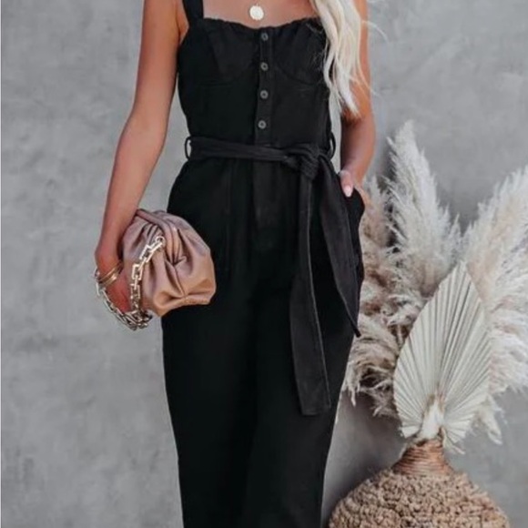 NEW VICI FORE PARK SLOPE BLACK DENIM WAIST TIE JUMPSUIT SZ S - Picture 2 of 8